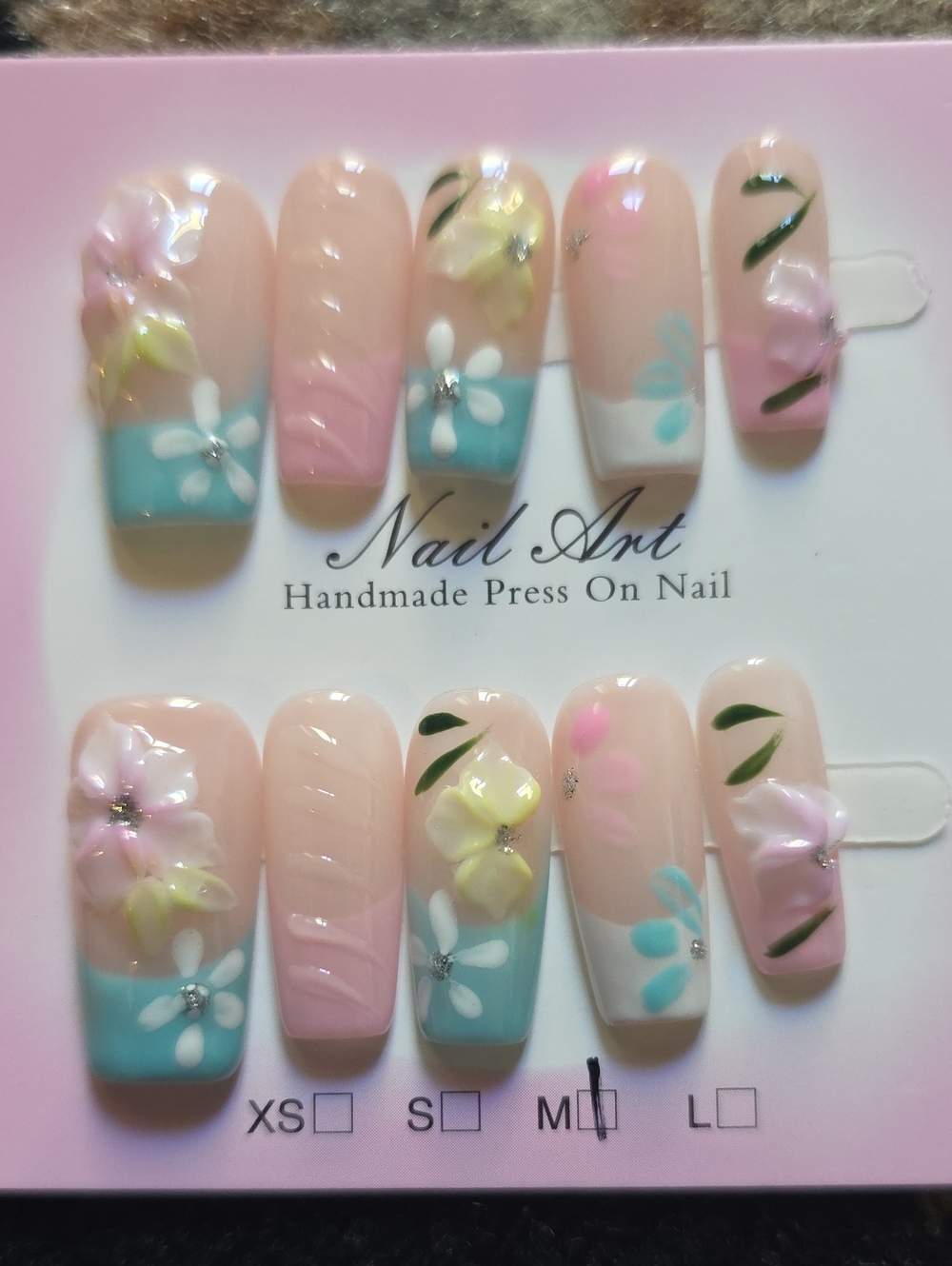 Handmade Floral Press-On Nails - Pink & Blue Size Med